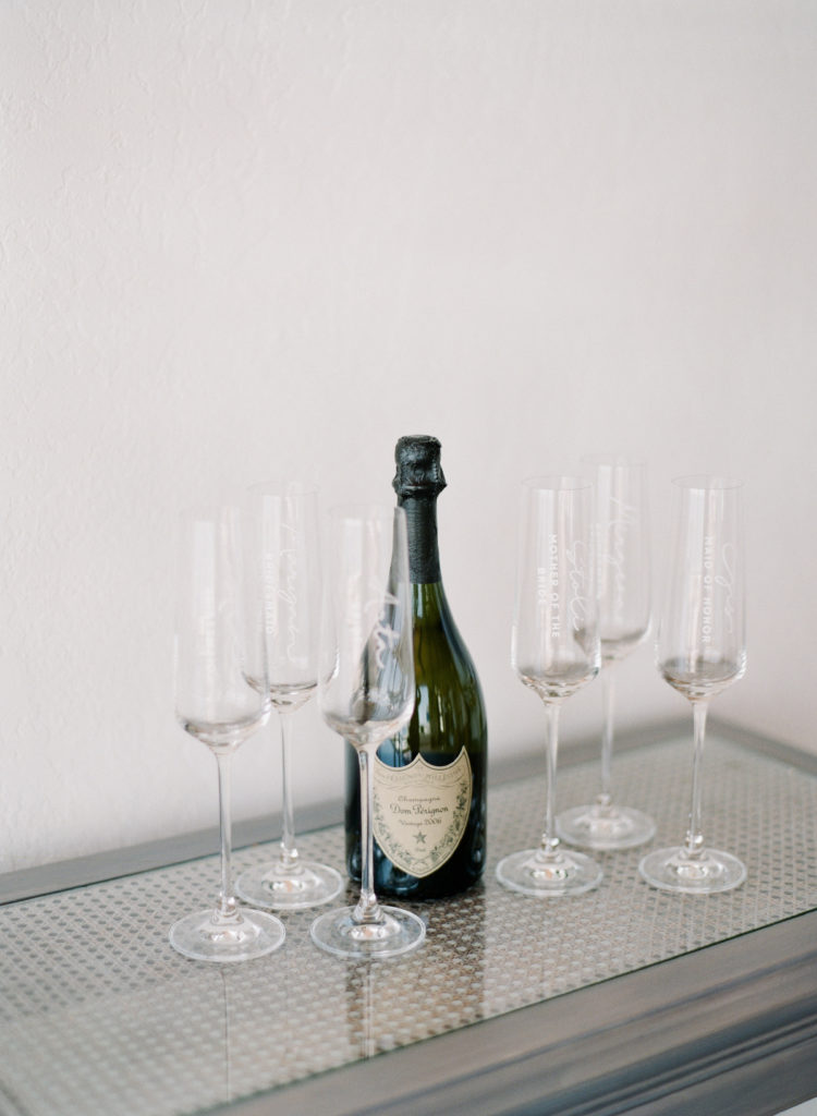 wedding champagne bottle and glasses