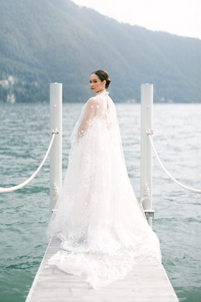 Beautiful Bride wearing a Reem Acra on her destination wedding day in Lake Como